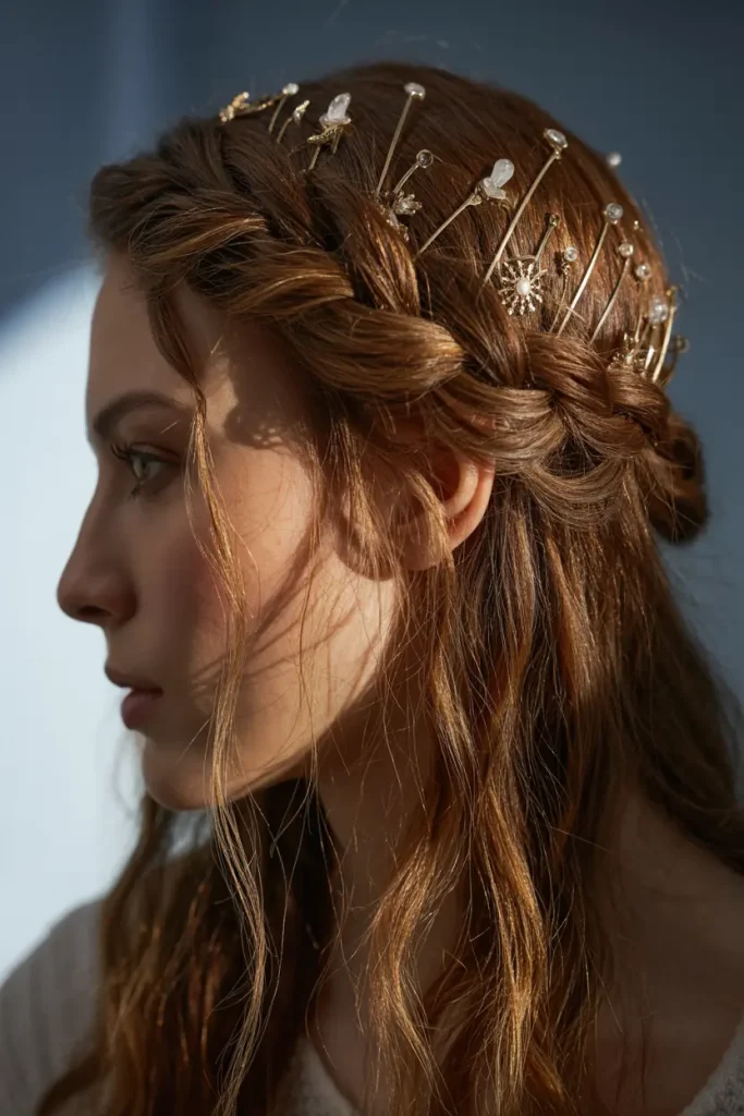 twisted crown braid hairstyle for medium witchy hair