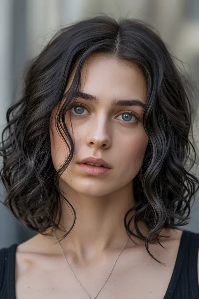 witchy medium hairstyle with tousled dark waves and soft texture