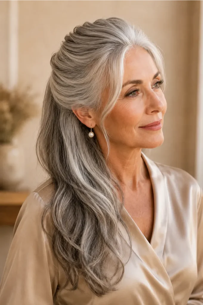 Silver Half-Up Ponytail Over 60