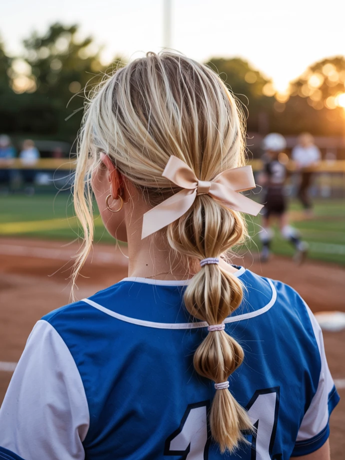 Blonde softball player wearing a bubble ponytail hairstyle with blue ribbon for game day