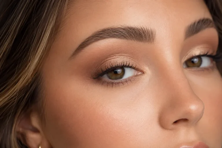 5-minute eye makeup look — classic neutral blended eye with champagne shadow and taupe crease