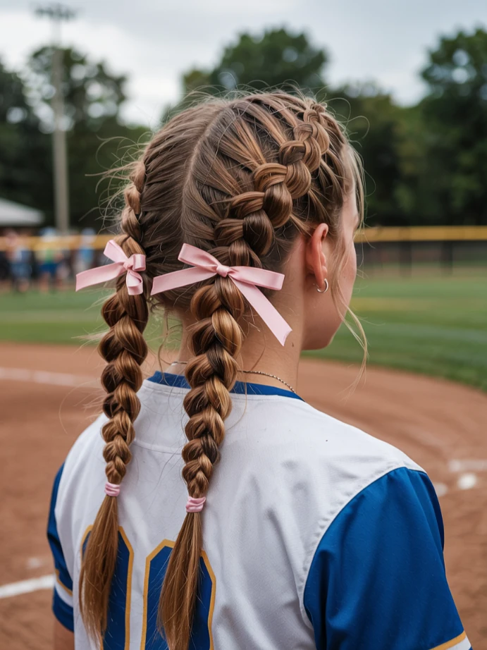 Double bubble braid hairstyle for softball games.