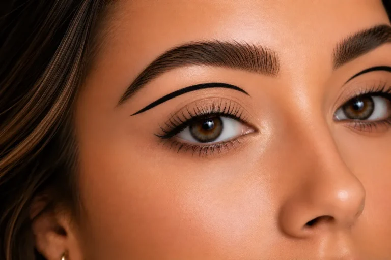 5-minute eye makeup look — graphic floating liner accent above crease with mascara for modern art eye