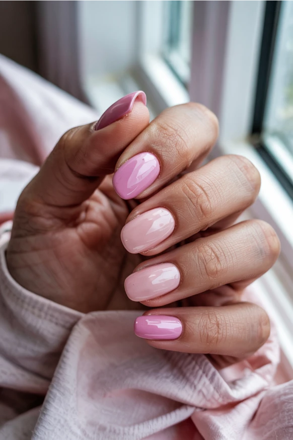 Glossy pink summer acrylic nails 2026 with short oval shape and bright feminine color mix.