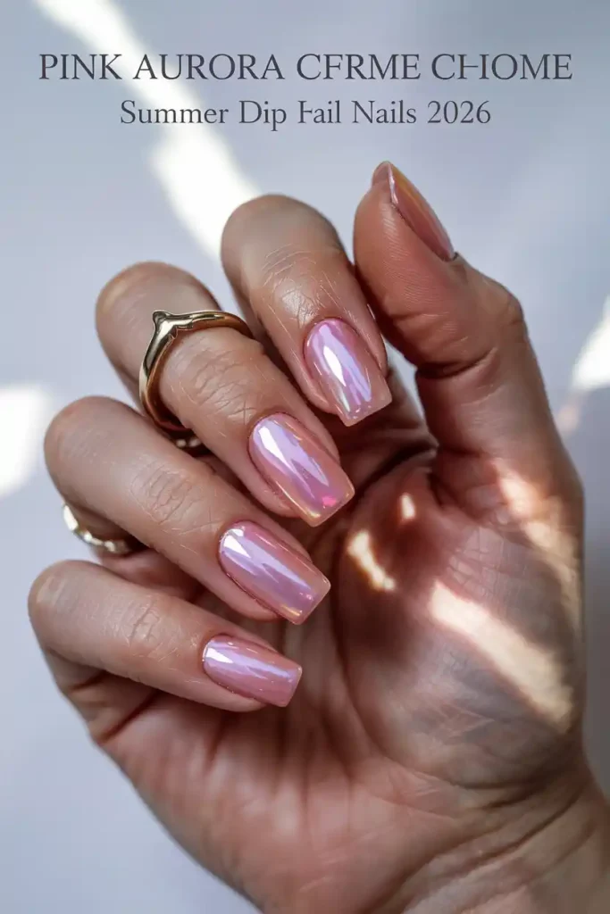 Pink aurora chrome Summer Dip Nails 2026 with glossy reflective finish.
