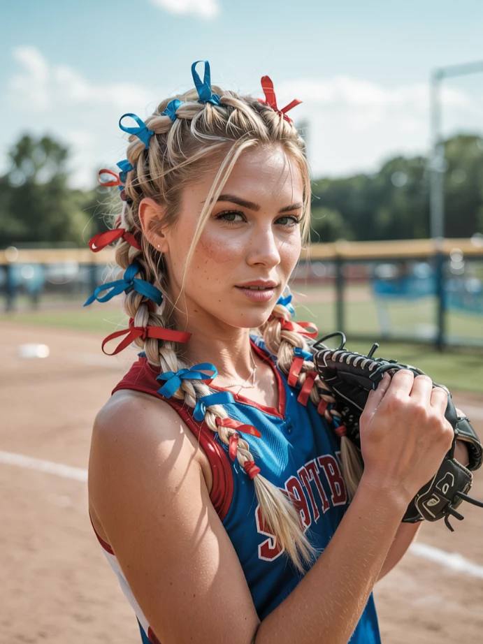 Ribbon braid softball hairstyle with team color bows.