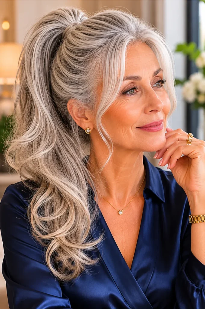 Silver Blonde High Ponytail with Root Dimension
