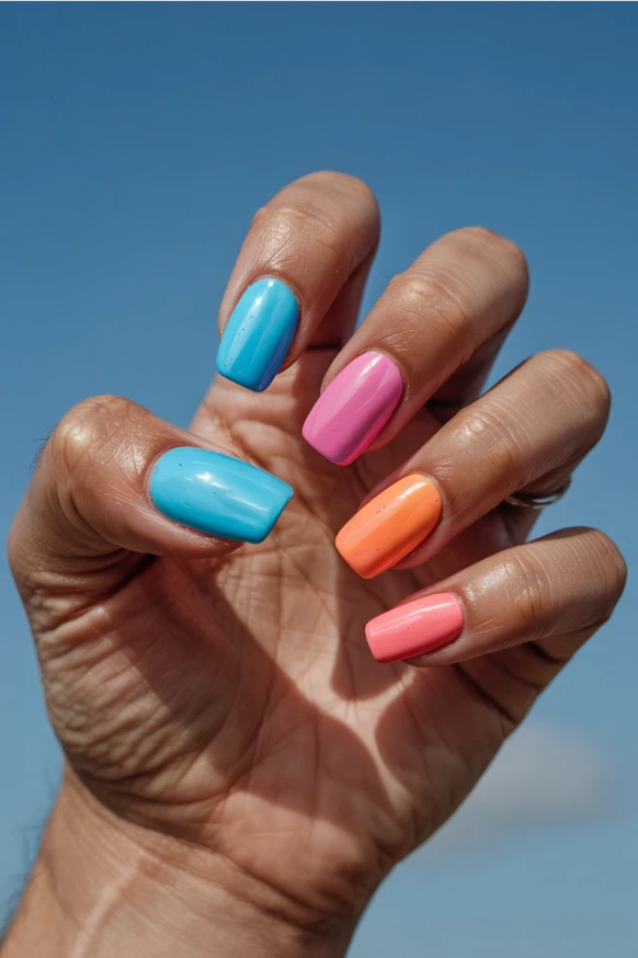 Bright candy color summer acrylic nails 2026 with glossy pink, blue, and orange square nail designs.