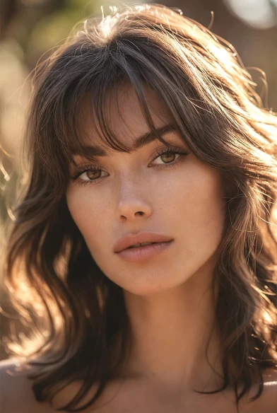 Layered medium haircut with curtain bangs framing the face for a balanced look.