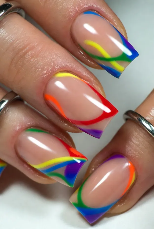 Abstract rainbow French outline nails with square shape and glossy nude base for a colorful summer nail idea.