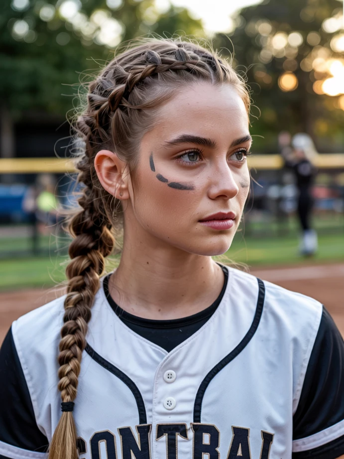 Loose ponytail hairstyle with mini braids for softball.