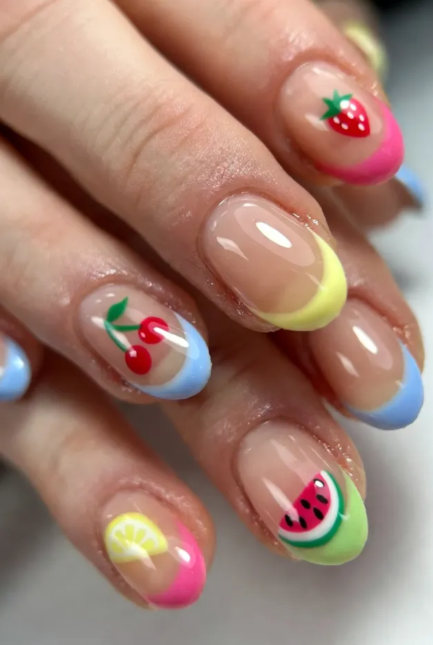 Fruit-inspired mismatched French tip nails with colorful tips and tiny summer fruit nail art for vacation nails 2026.