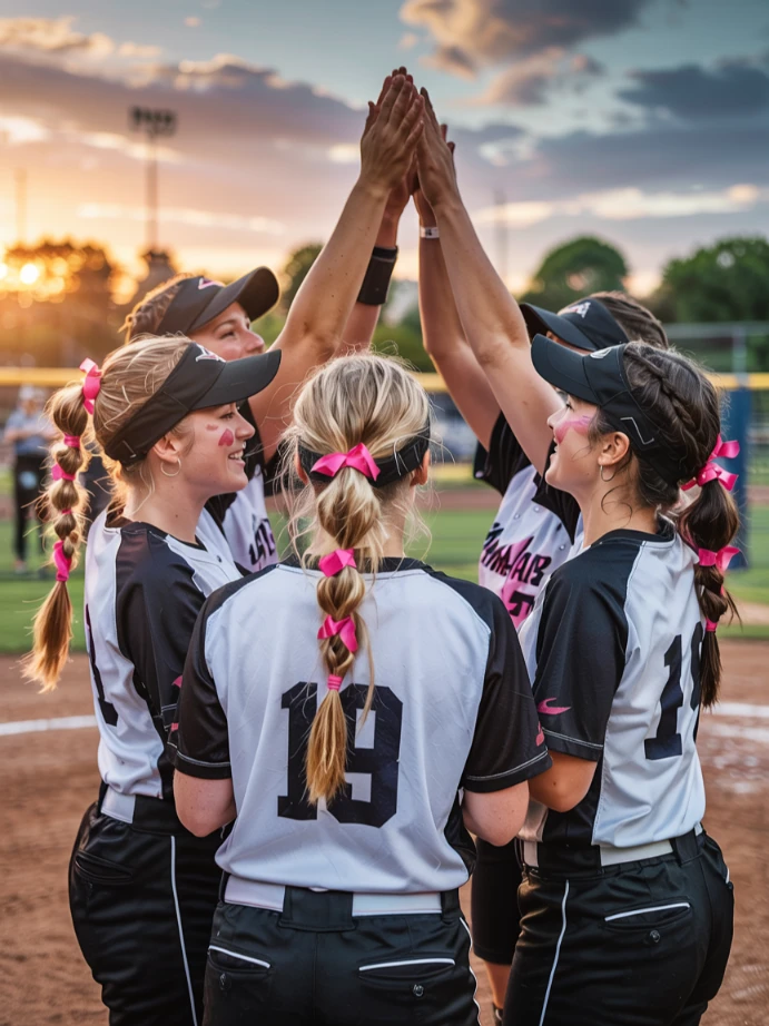 Team ribbon ponytail hairstyles for softball players.