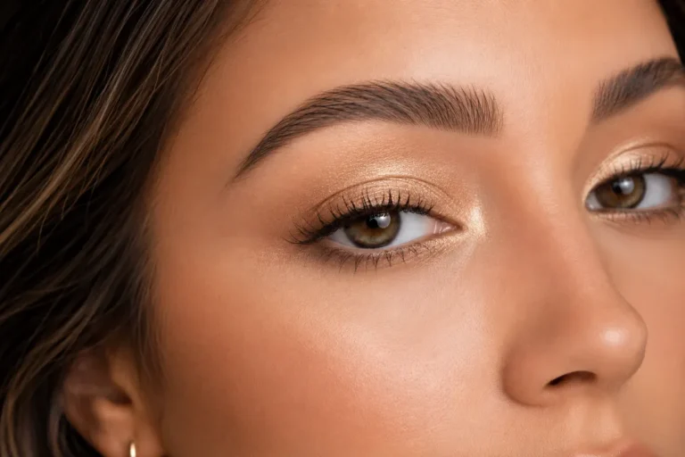 5-minute eye makeup look — single shimmer champagne shadow wash across lid with mascara