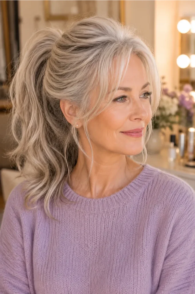 Soft Face-Framing Silver Ponytail