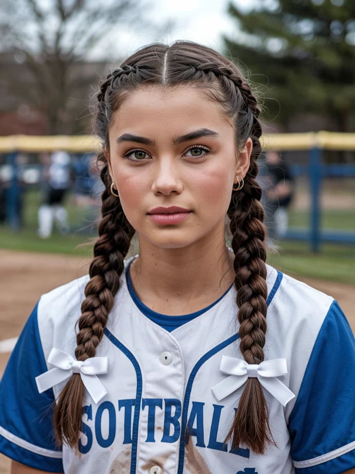 Bubble braid softball hairstyle with white ribbon bows