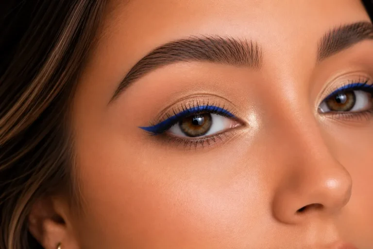 5-minute eye makeup look — cobalt blue colored liner pop along upper lash line with mascara