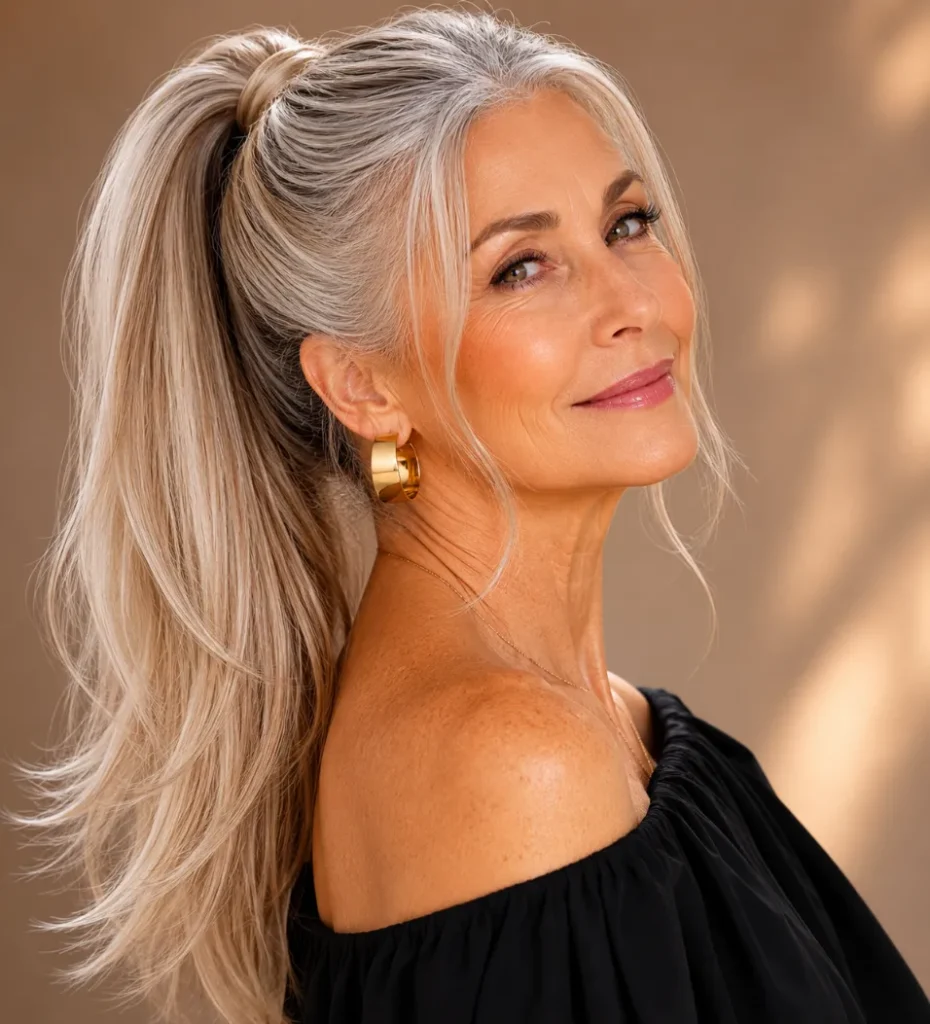 Sleek Silver-Blonde Long Ponytail