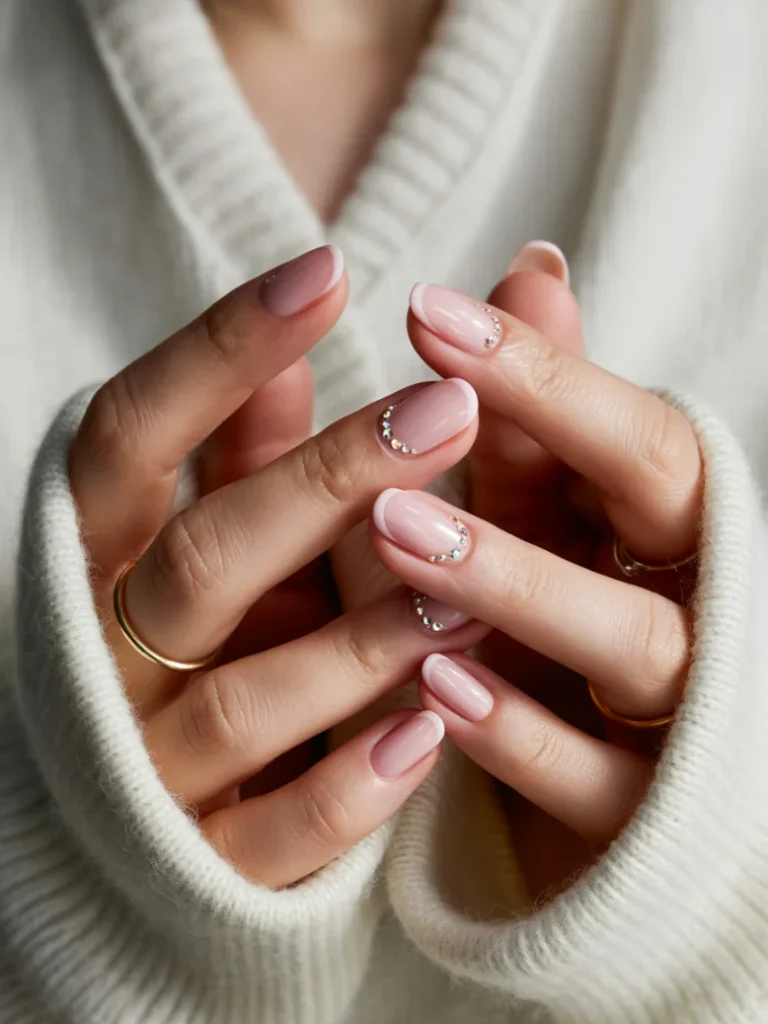 Ballet pink nails with rhinestone accents for an elegant feminine manicure