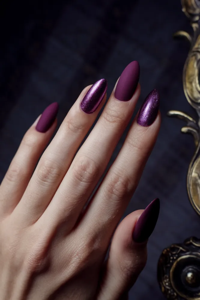 Berry Purple Velvet Texture Short Almond Nails