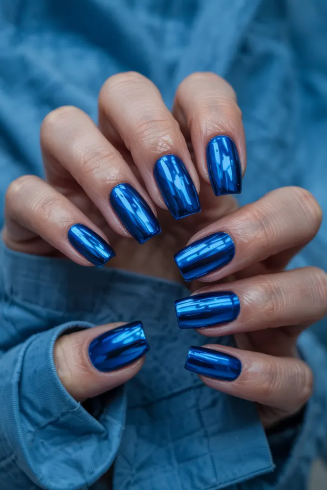 Blue chrome nail ideas on coffin-shaped nails with cobalt metallic sheen and ocean-inspired aesthetic