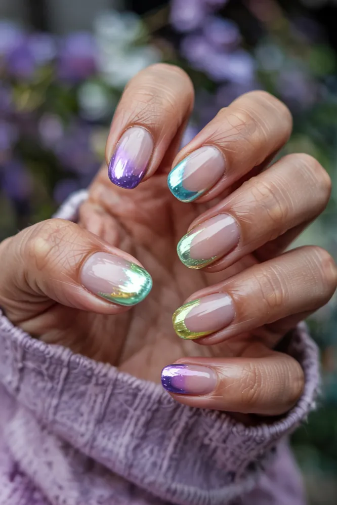 Chrome aura nail ideas on oval nails with glowing metallic halo and dreamy pastel center effect