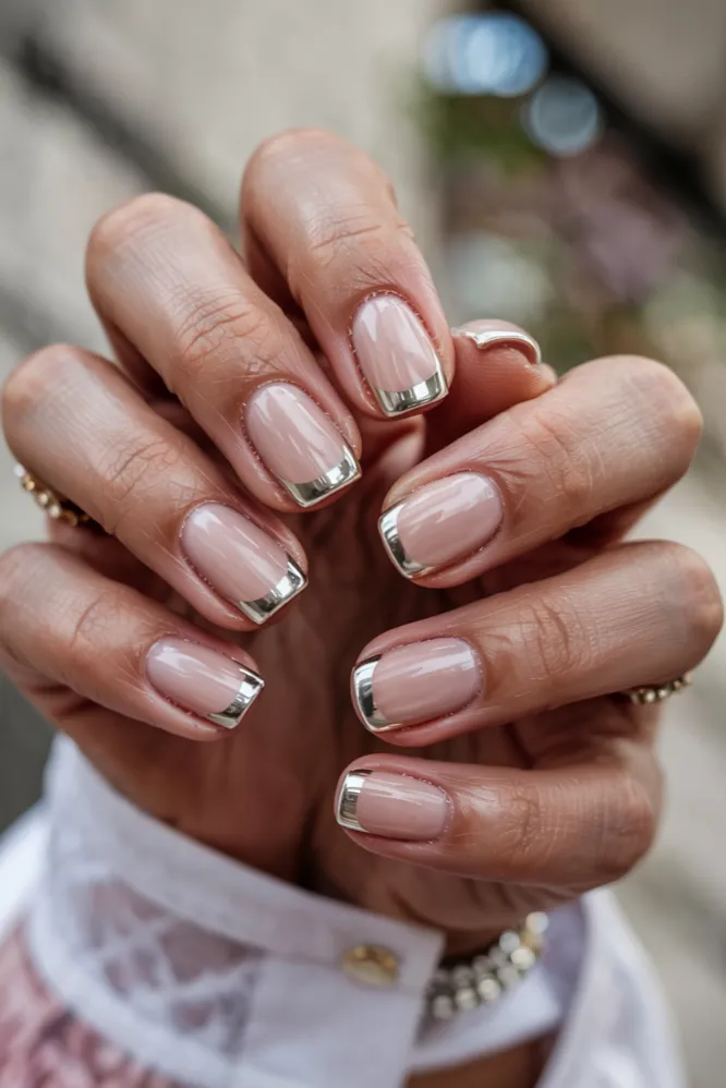 Chrome French tip nail ideas on square nails with silver metallic tips and nude sheer base