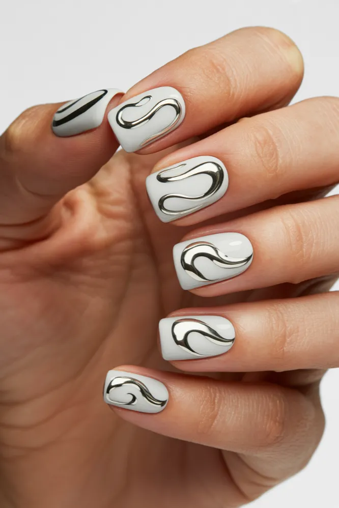 Chrome swirl nail ideas on square nails with silver metallic abstract swirl design on white base