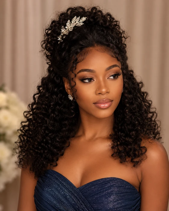 Curly half-up hairstyle for black women prom look with hair accessories”