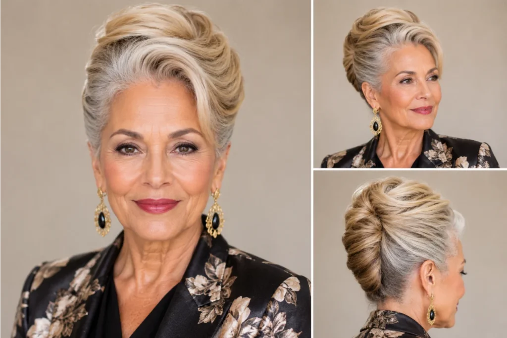 Elegant Rounded French Twist with Blonde Highlights