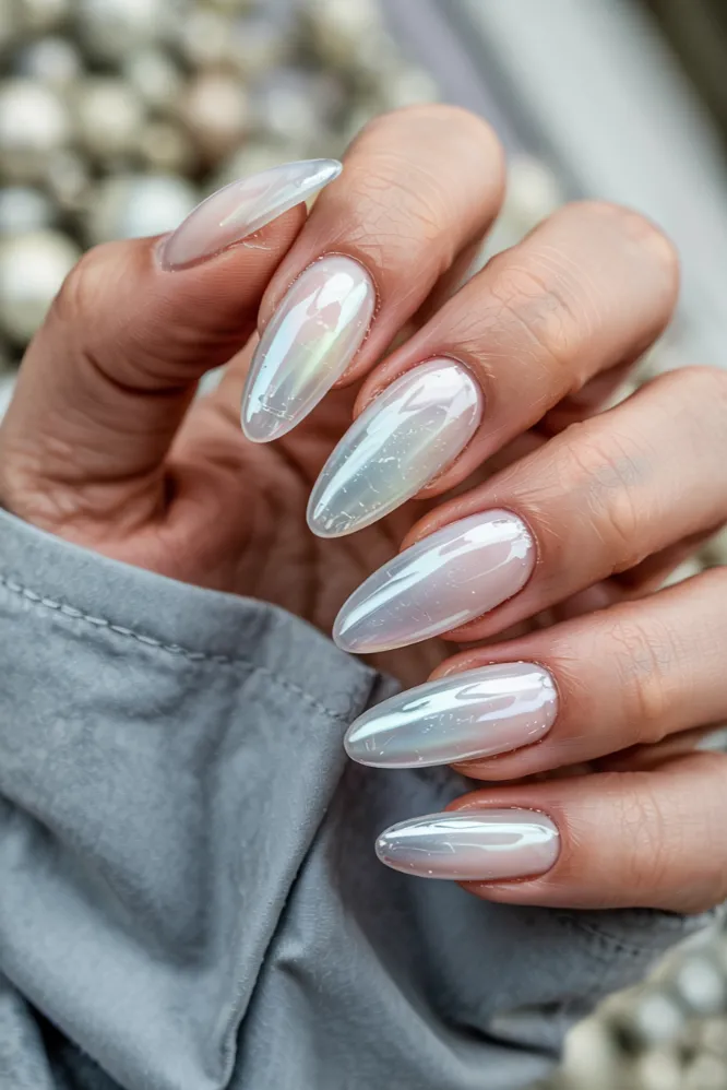 Glazed Pearl Chrome Stiletto Nails