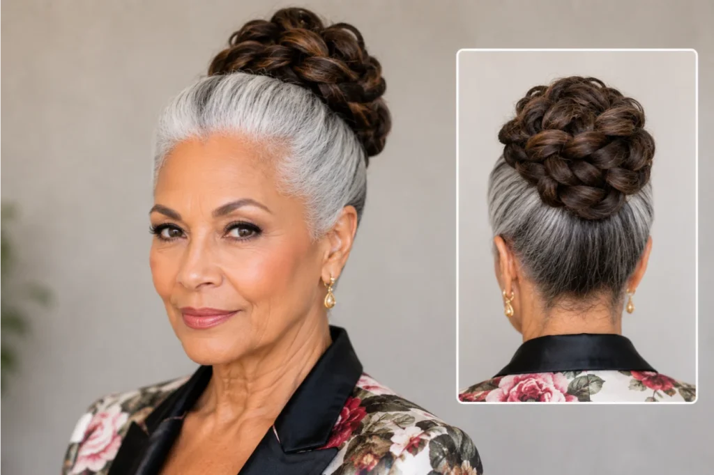 High Braided Bun with Silver Root Contrast