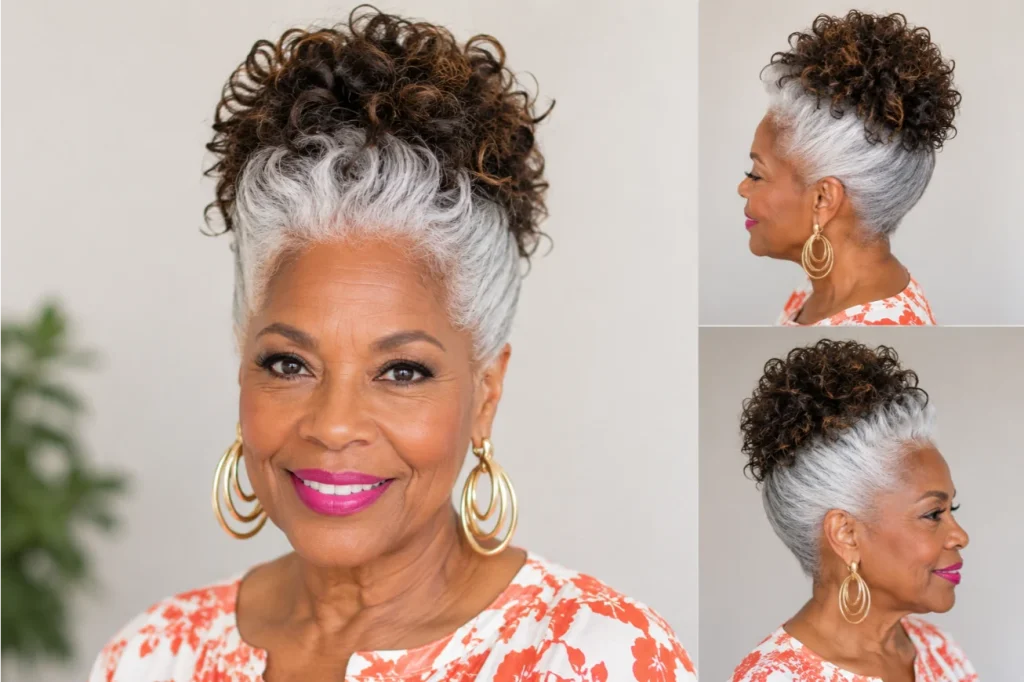 High Curly Updo with Gray Crown and Brown Tips