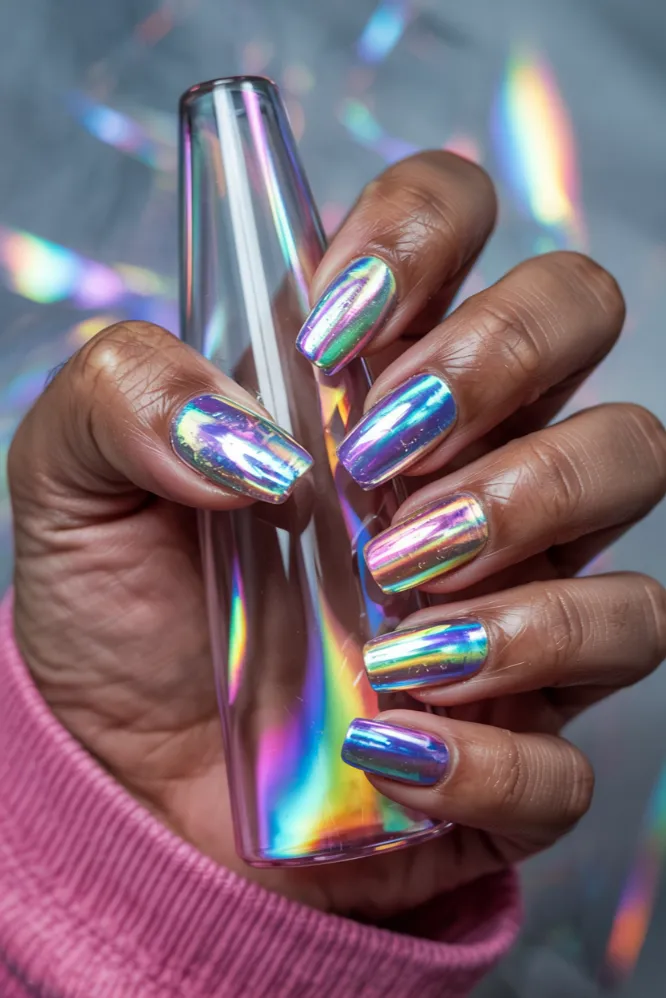 Holographic chrome nail ideas on coffin nails with rainbow iridescent multi-color shifting finish