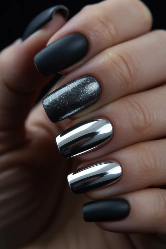Matte and chrome nail ideas alternating black matte and silver chrome finish on coffin nails