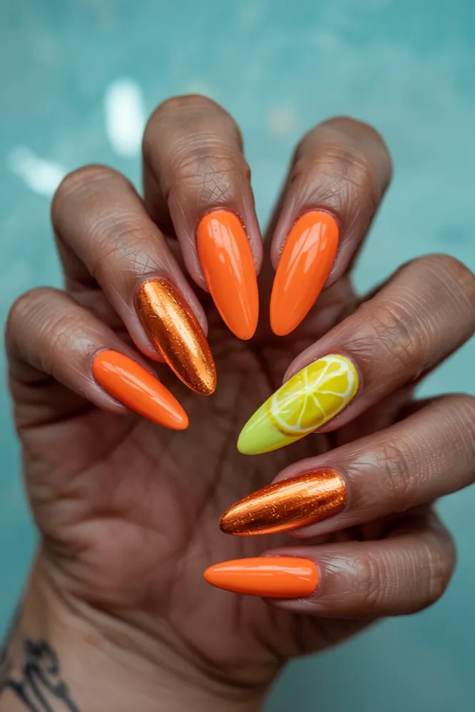 Neon Citrus Chrome Stiletto Nails