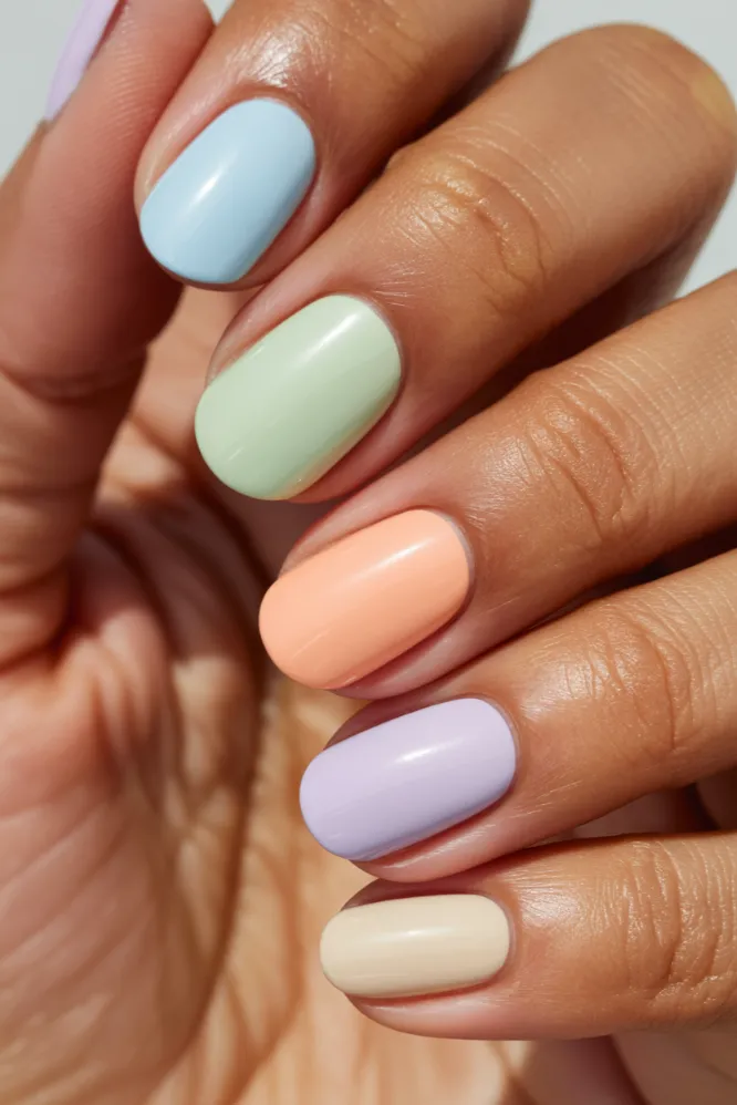 Pastel Rainbow Skittles Short Oval Nails