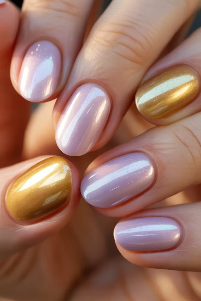 Pearlescent Lilac and Gold Chrome Short Oval Nails