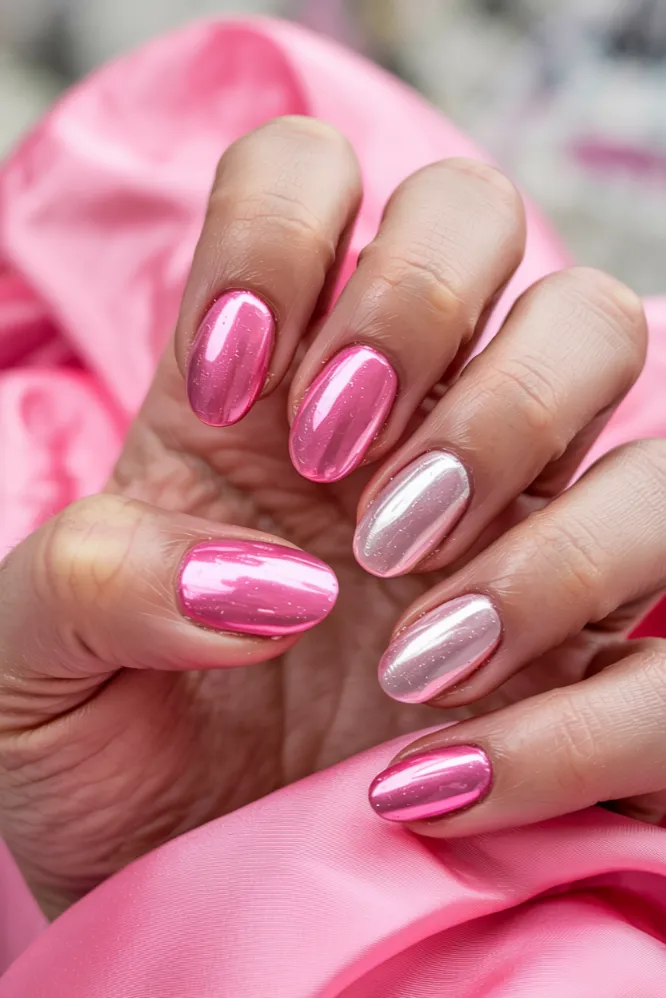 Pink chrome nail ideas on almond-shaped nails with metallic bubblegum pink sheen and feminine aesthetic