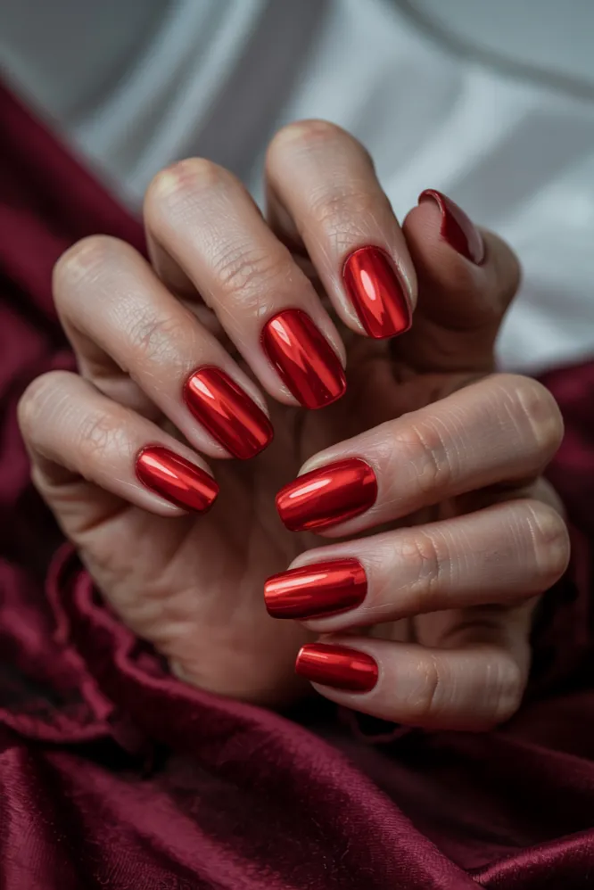 Red chrome nail ideas on oval nails with deep crimson metallic sheen and romantic holiday aesthetic