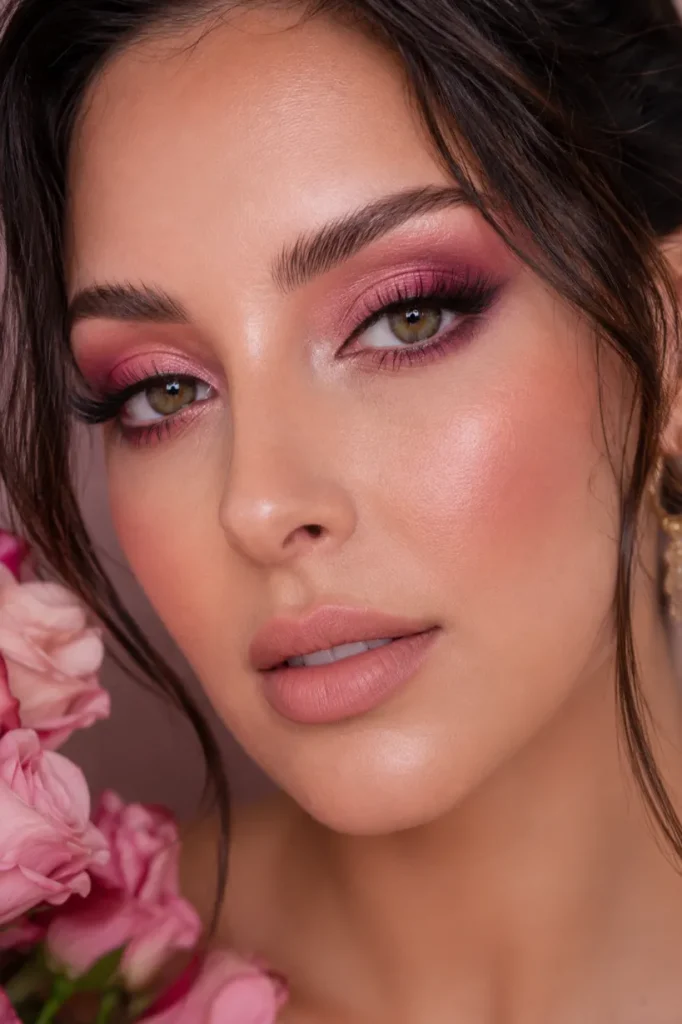 Romantic pink smokey eye makeup idea with mauve shadow and soft glam lashes