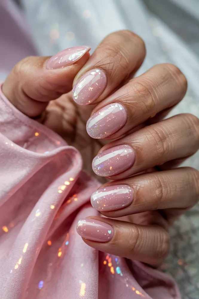 Rose Quartz Holographic Glitter Short Oval Nails