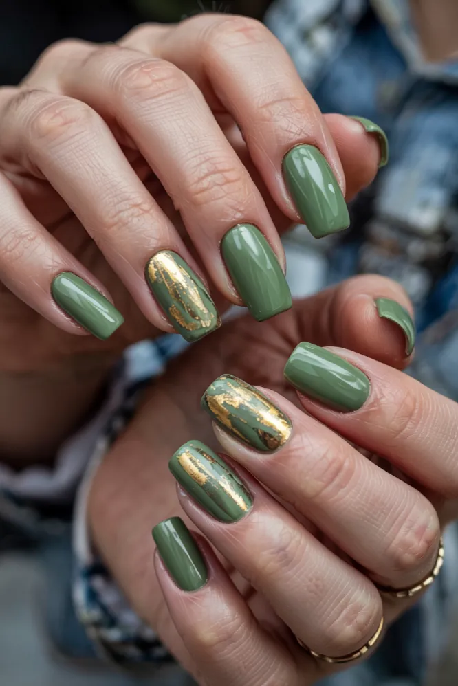 Sage Green and Gold Chrome Square Nails