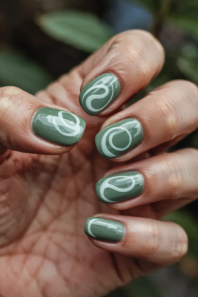 Sage Green and White Swirl Short Oval Nails