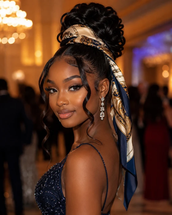 Updo with scarf for black women prom hairstyle