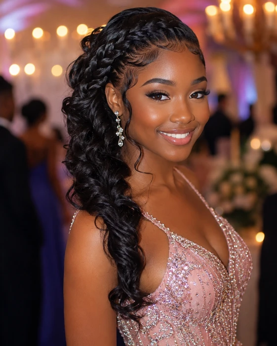 Side-swept curls for black women prom hairstyle