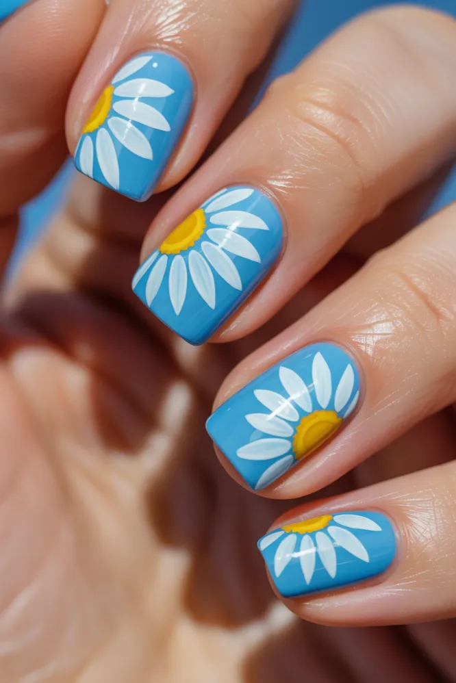 Sky Blue Daisy Print Short Squoval Nails