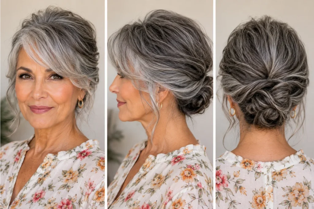 Soft Gray Low Twisted Updo with Wispy Swept Bangs