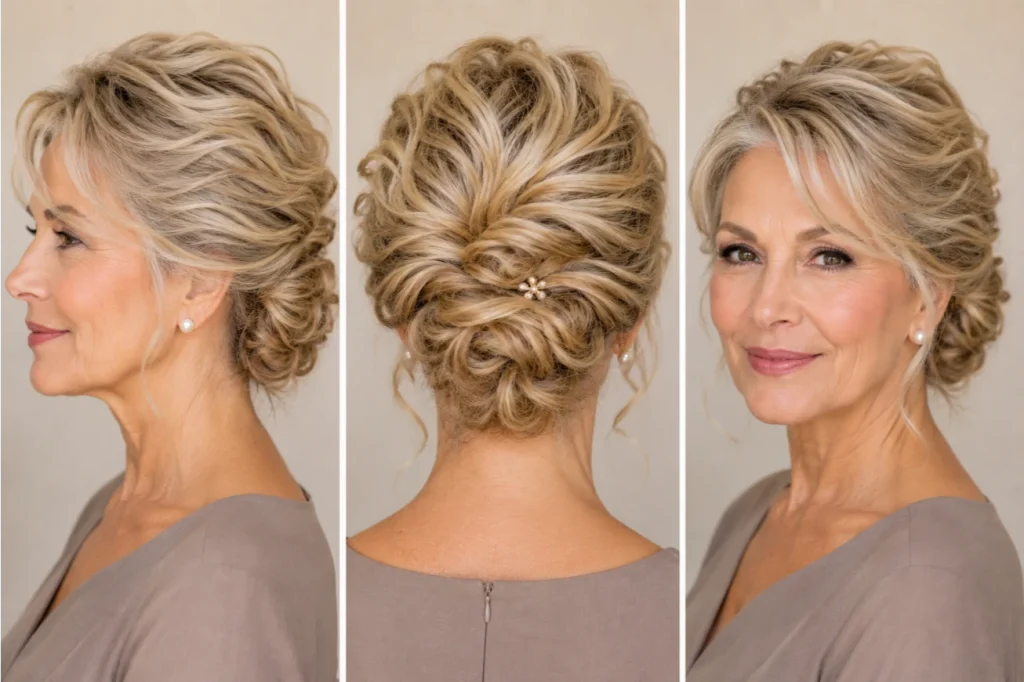 Soft Romantic Low Bun with Blonde Waves