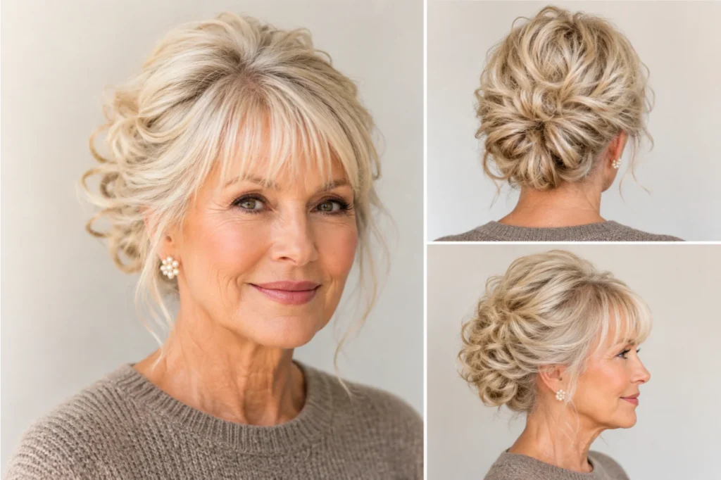 Soft Tousled Updo with Wispy Fringe and Warm Blonde